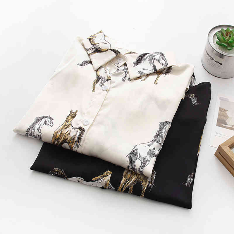 New Women Vintage Animal Horse Print Satin Blouse Full Sleeve Button Up Turn Down Collar Shirt Casual Office Lady Autumn Tops T1 210430
