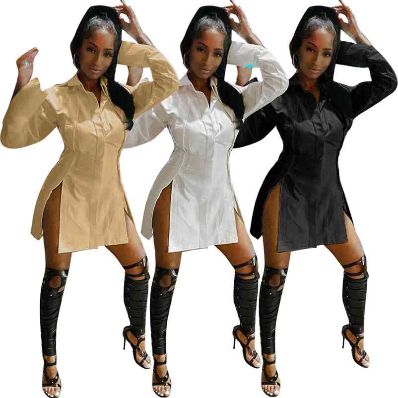 CM.YAYA Women Solid Color Side Slit Long Sleeve Button Up Sexy Blouse Dress Sexy Club Party Streetwear Shirt Dresses 210409