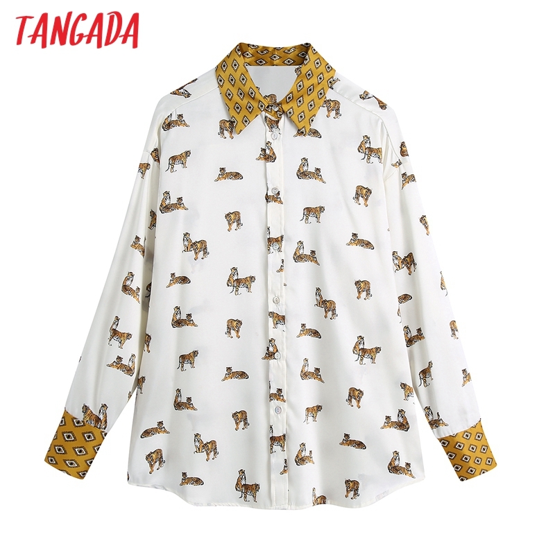 Women Retro Oversized Tiger Print Blouse Long Sleeve Chic Female Casual Loose Shirt Blusas Femininas BE450 210416