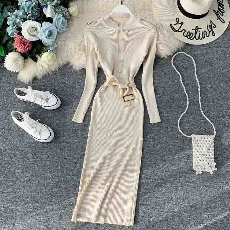 Vintage Slim Button Autumn Winter Knitted Dress Women Casual Long Sleeve Belt Bottoming Sweater Dress Party Bodycon Vestidos 210521