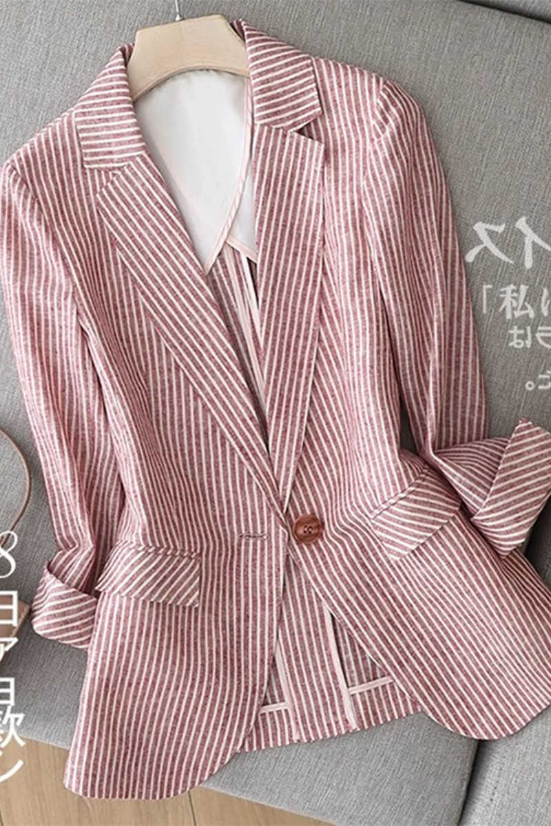 Linen suit female thin summer striped long sleeveone button slim cotton casual jacket 210930