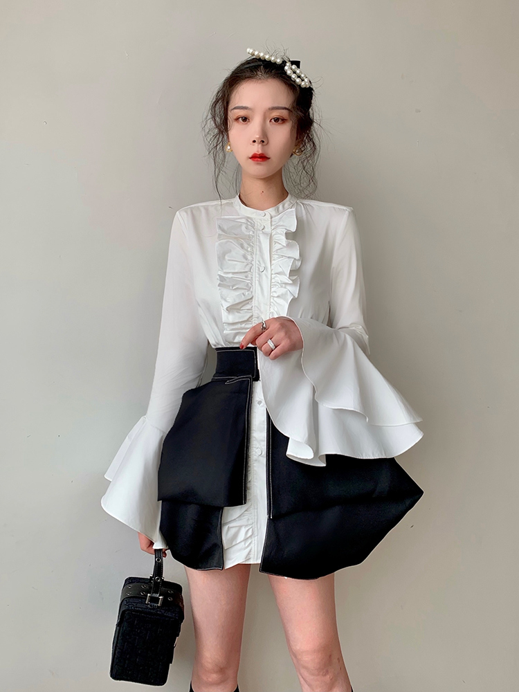 three-dimensional ruffles blouse women's summer round neck slim flare sleeve elegant shirt female tide 5C997 210427