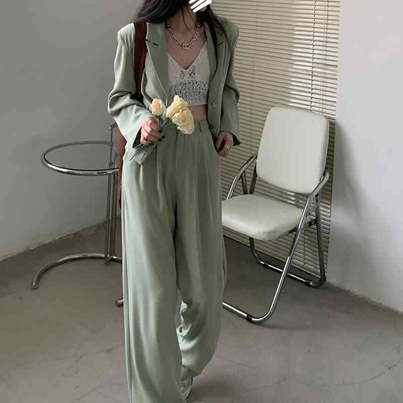 Spring Two-piece Women Suit Mint Blazer Wide Leg Pants Set Blazers Jackets Trouser office woman suits 210510