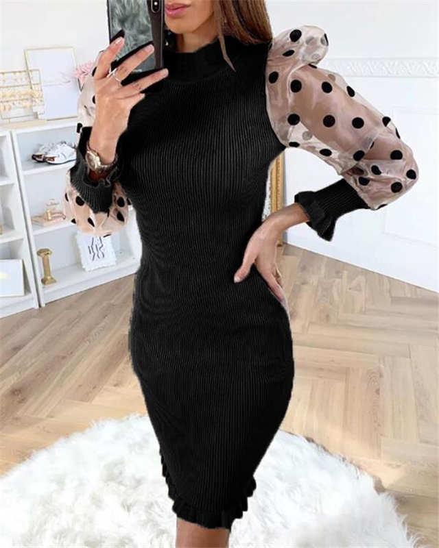 Fashion Polka Dot Mesh Sheer Puff-Sleeve Women Dress Ladies Autumn Knitted Slim Pencil Casual Dresses