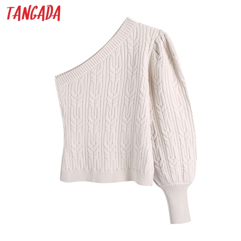 Women Fashion Beige Twist Knitted Sweater Jumper Off Shoulder Pullovers Chic Tops BE435 210416