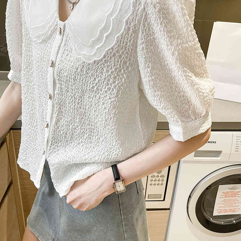 QOERLIN Blusas Mujer De Moda Double Layer Collar Elegant Shirts Turn Down Collar Puff Sleeve Blouse Korean Clothes Women Tops 210412