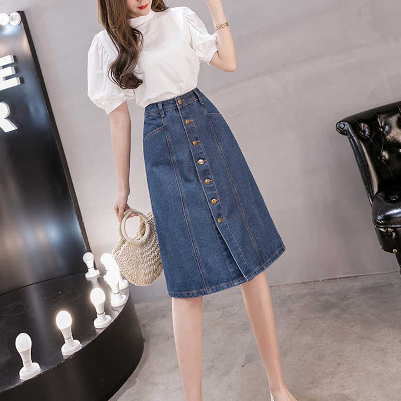 LY VAREY LIN Spring Summer Office Lady Button Mid Length Denim Skirts Casual Single Breasted A-line High Waist 210526