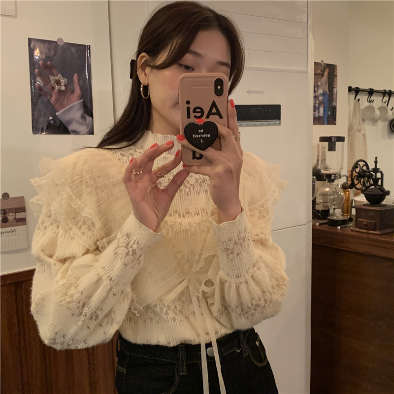 Comelsexy Apricot Ruffles Streetwear All Match Stylish Lace Patchwork Chic French Retro Gentle Blouses Tops Shirts 210515