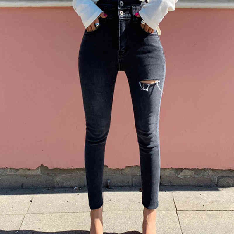 Dark Grey Female Streetwear Ripped Holes Pencil Jeans Women High Waist Skinny Stretch Denim Pants Femme 10398 210417