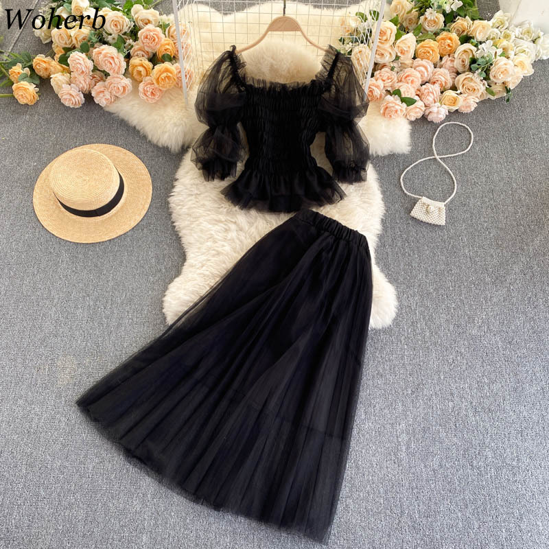 Korean Fashion Summer Clothes Women Sweet Mesh Two Piece Sets Sexy Crop Tops + Pleated Long Skirts Outfit Ladies Suits 210519
