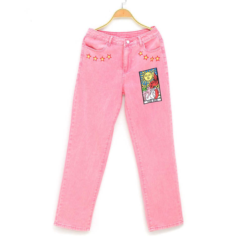 Vintage Pink Womens Jeans Pants Midwaist Sun Star Pattern Young Girl Denim Trousers Summer Autumn Female Cute Cartoon 210922