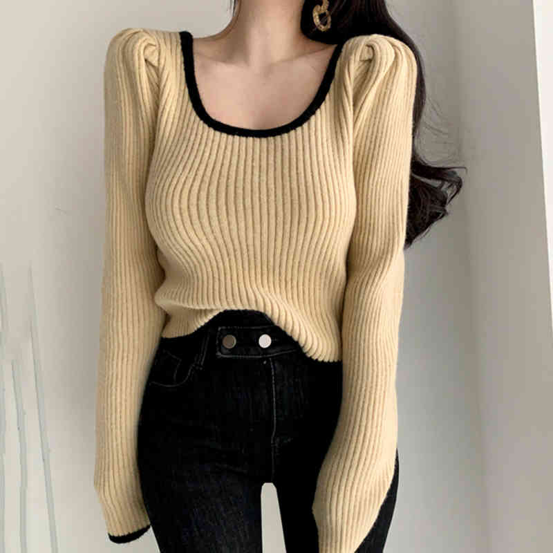 Women Autumn Winter Sweater and Pull Jumpers Square Collar Long Sleeve Soft Warm Solid Korean Chic Knitting Tops 210519