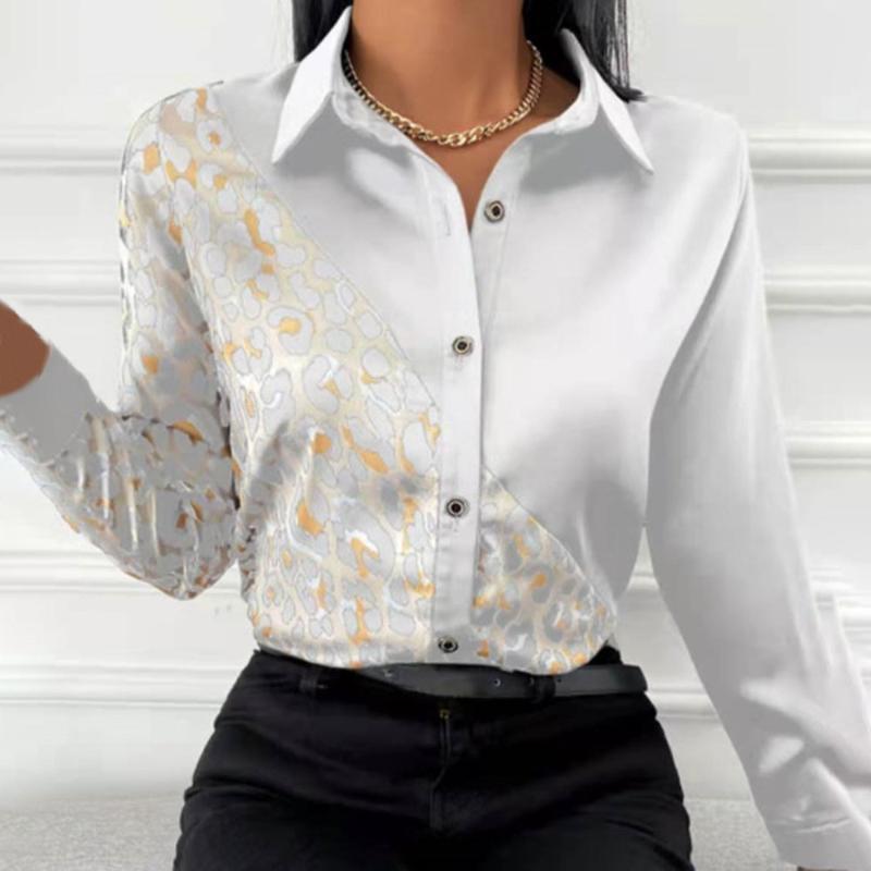 Women's Blouses & Shirts Leopard Patchwork Casual Shirt Blouse Woman Autumn Fashion Button Long Sleeve For Women 2021 White Print Office Top