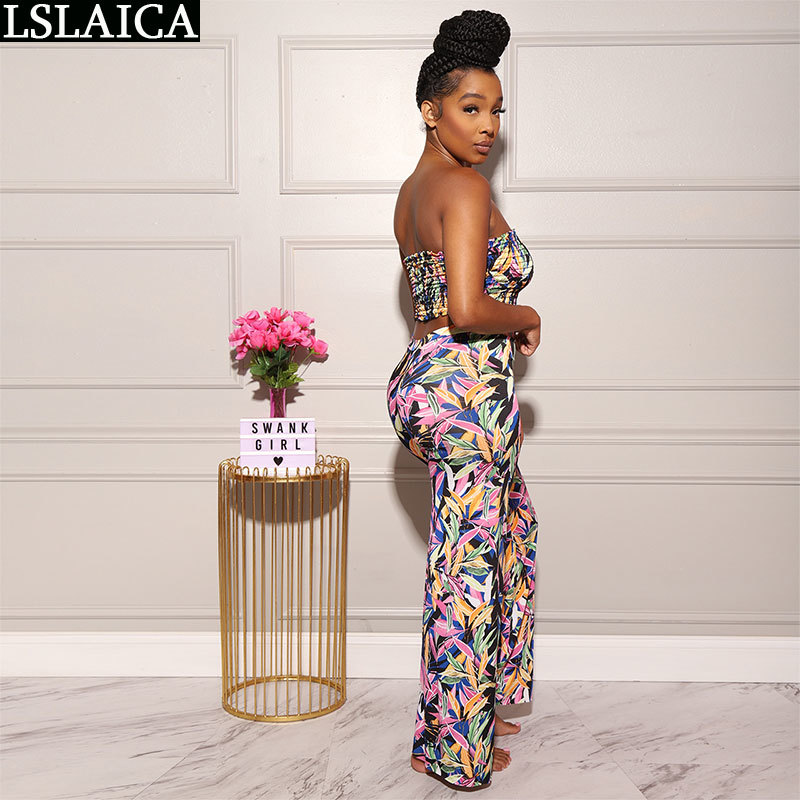 Summer Women's Sets Boho Print Cropped Tops Wide Leg Pants High Waist Slim Casual Holidays Matching Clothes For Women 210520