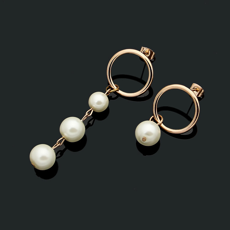 fashion Stainless steel asymmetrical three pearl earrings women's circle earrings
