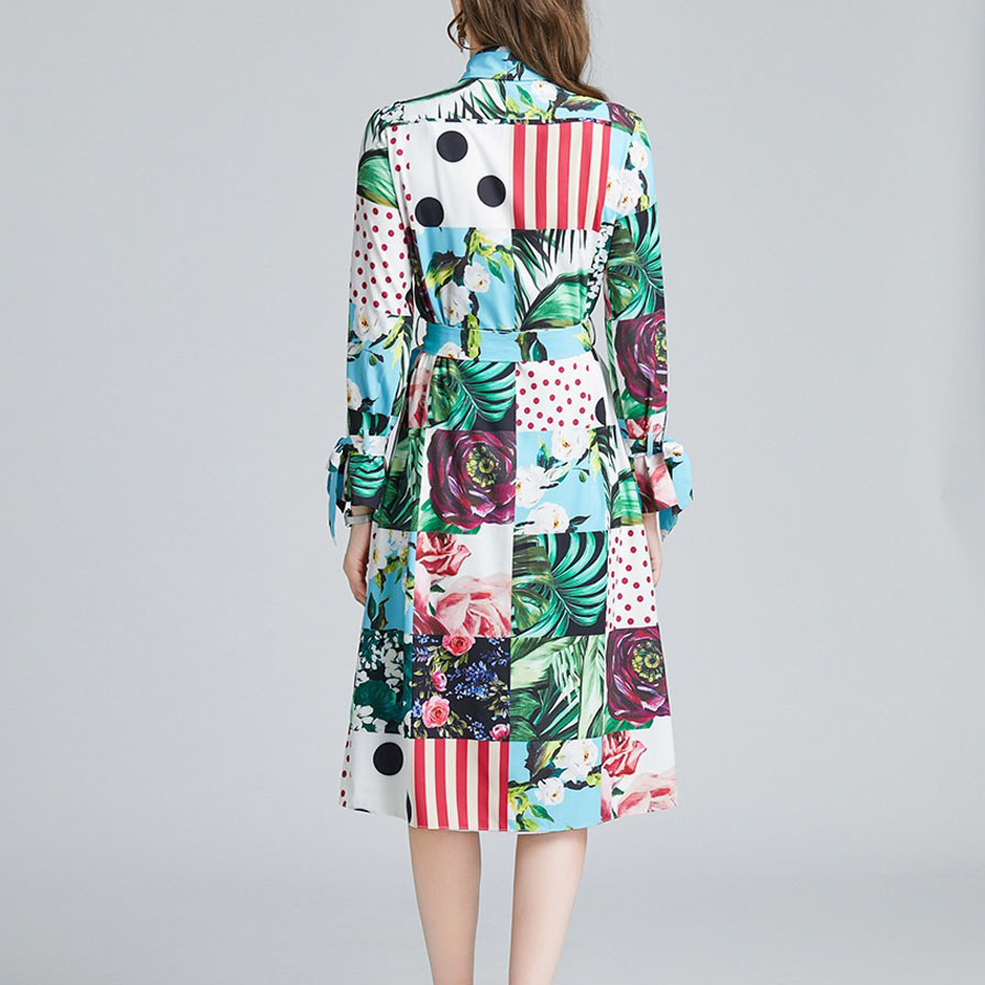 spring summer arrival green rose flower bow collar long sleeve midi dress for women lady causal daily dresses 210421