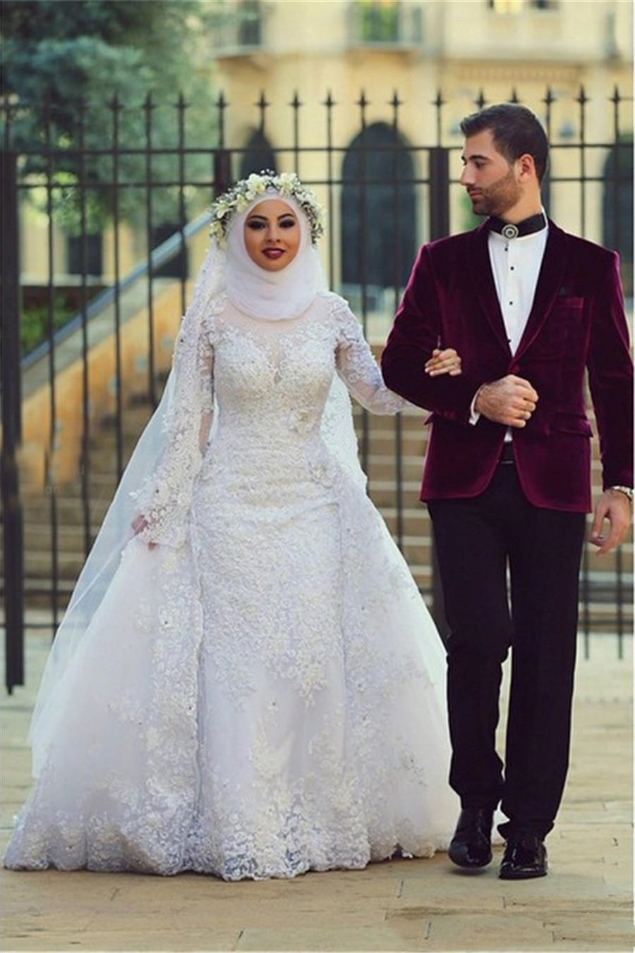 Modest Islamic Mermaid Wedding Dress With Detachable Train illusion Long Sleeve Lace Appliques Beaded Muslim Bridal Gowns 2021 Spring Summer Bride For