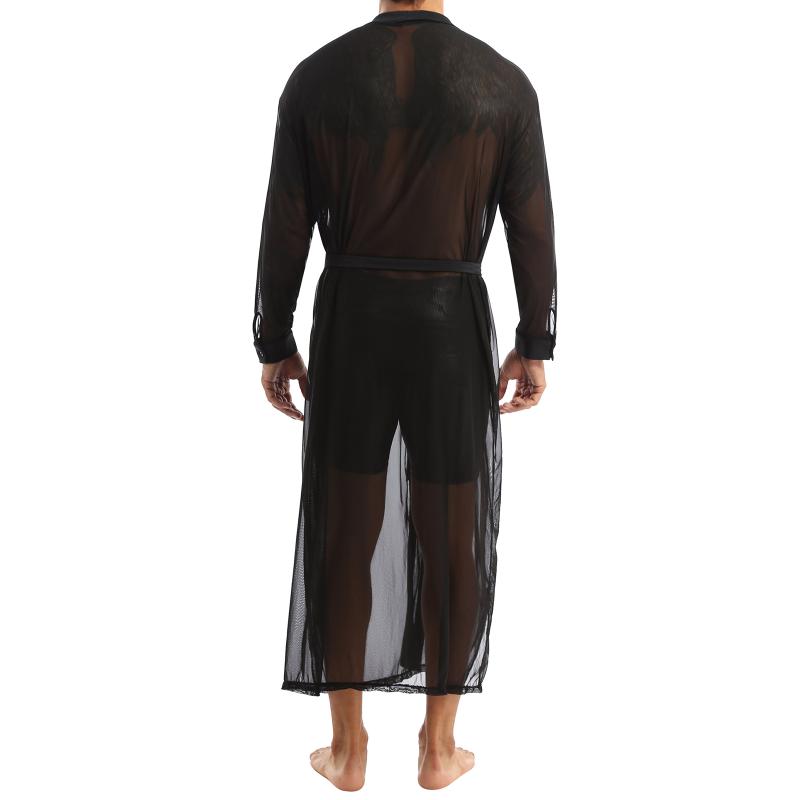 Men See-through Open Stitch Front Mesh Transparent Long Shirt Casual Sleepwear Male Gay Sexy Lingerie Sleeve Bathrobe Tops Men's Shirts