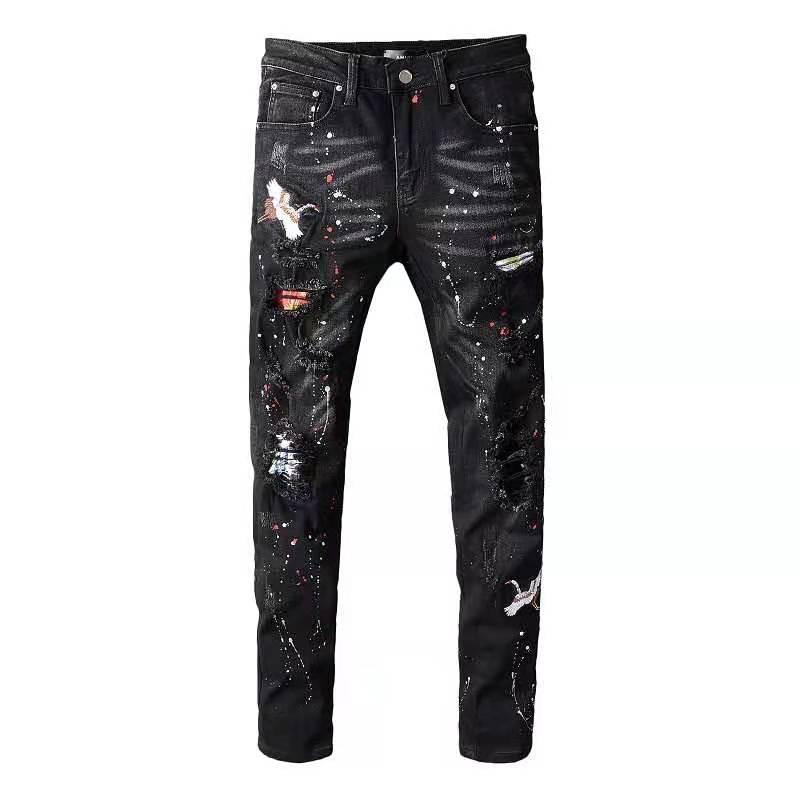 Men's Black Bird Embroidered Painted Ripped Jeans Streetwear Holes Patchwork Stretch Denim Pants Skinny Pencil Trousers, 8758
Men's Black Bird Embroidered Painted Ripped Jeans Streetwear Holes Patchwork Stretch Denim Pants Skinny Pencil Trousers, 8758