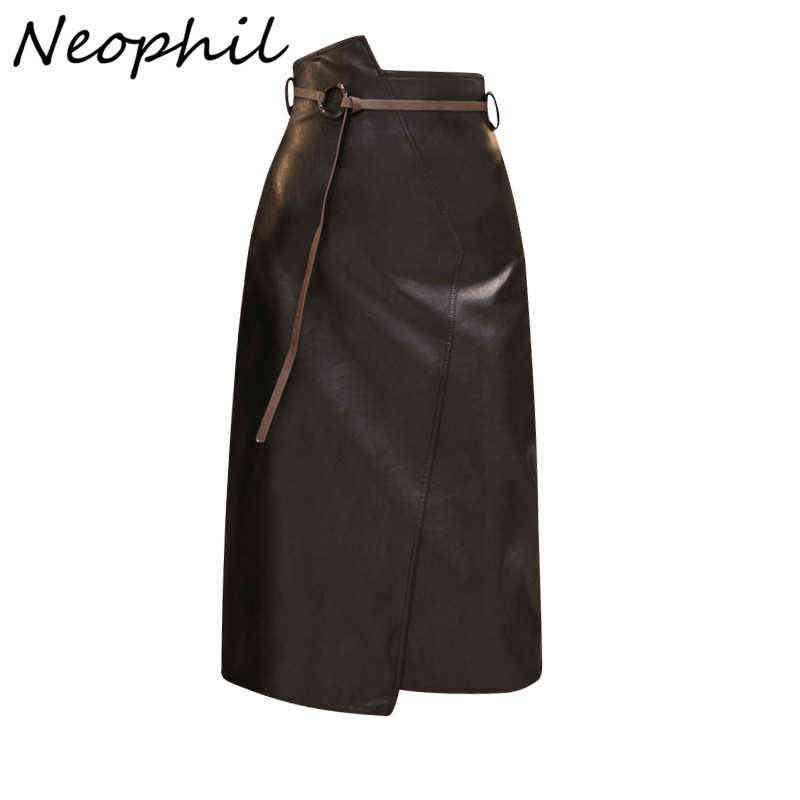 Neophil Winter Latex PU Faux Leather Black Midi Skirts Belt High Waist Asymmetrical Vintage Bodycon Wrap Pencil Skirt S9727 211119