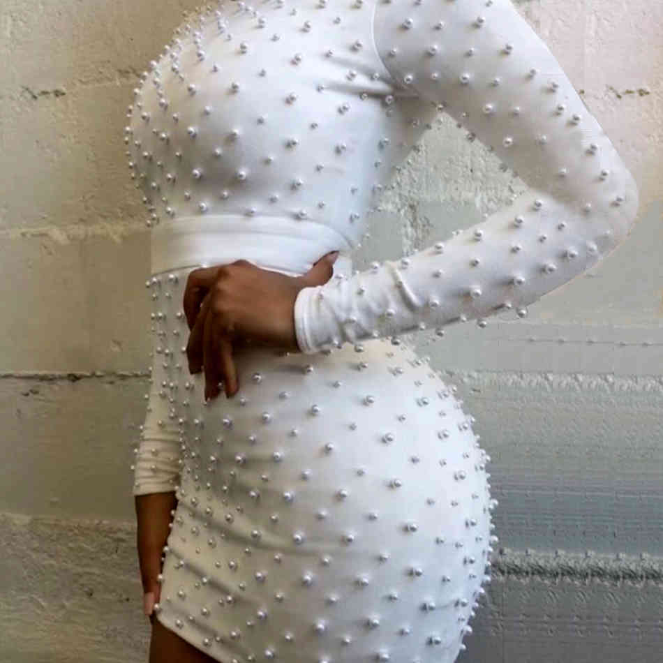Free Autumn White Beaded Dresses Women O-neck Long Sleeve Sexy Bodycon Mini Dress Party Club Vestidos 210524