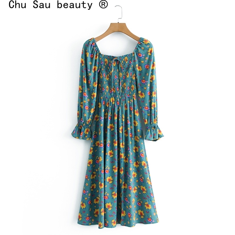 Fashion Boho Style Vintage Floral Print Midi Dress Women Summer Holiday Chic Elastic Chest Long Sleeve Split Dresses 210508