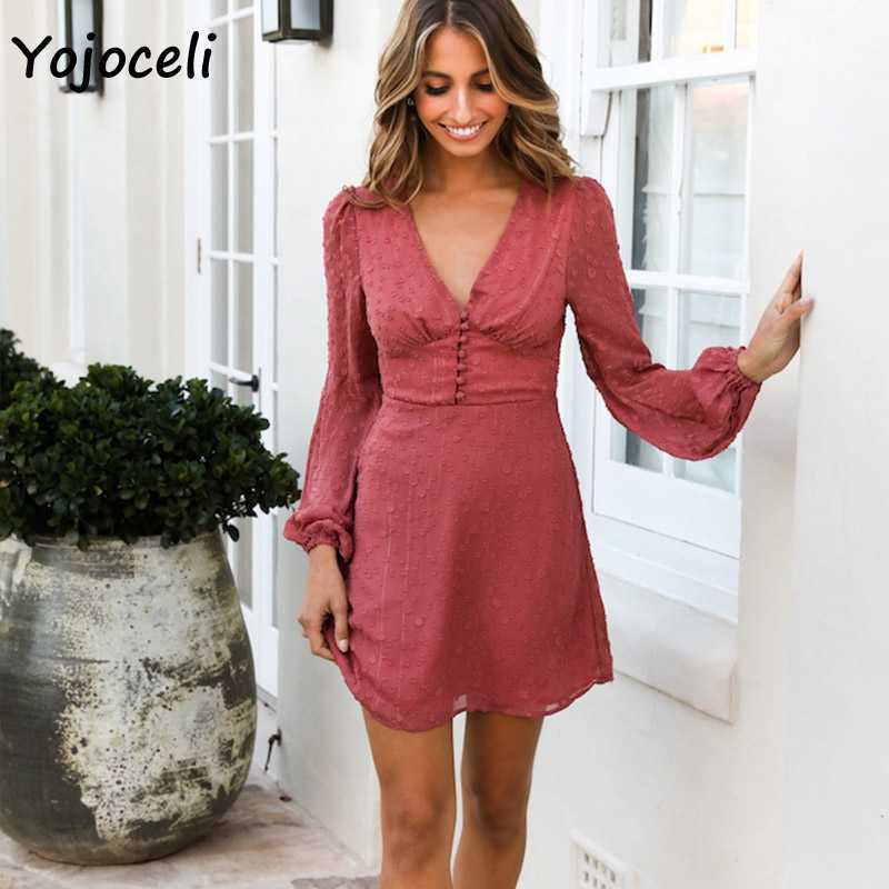 Yojoceli sexy autumn long sleeve chiffon jacquard dres v neck mini female vestidos 210609