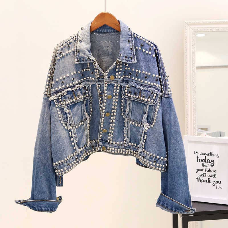 Vintage Women Jean Jacket Witrh Pearls Beading Spring Long Sleeve Pockets Denim…