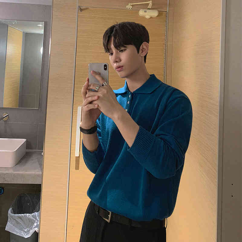 IEFB Spring And Autumn loose polo collar lightweight kintted sweater for men Korean style long sleeve basic kintwear for male 210524