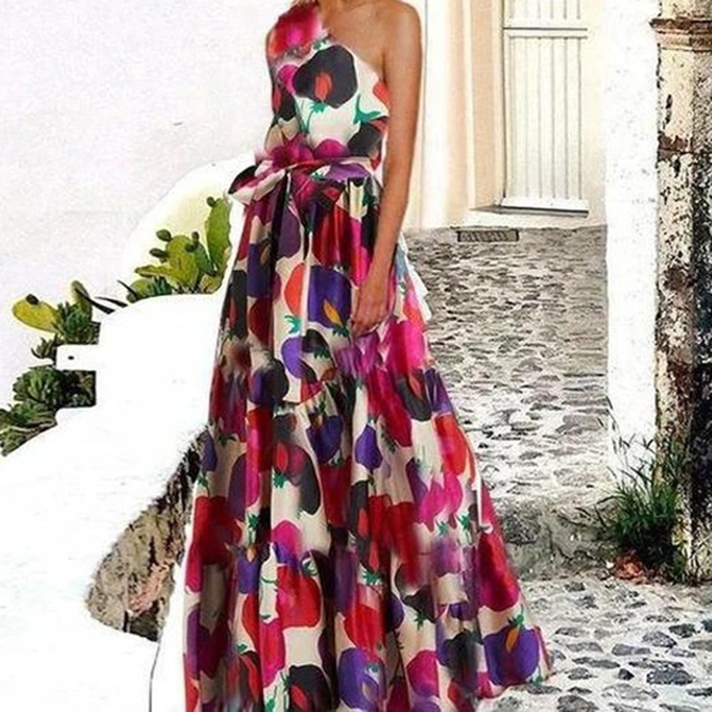 Women Dress Irregular Off Shoulder Print Dresses Plus Size Long Asymmetry Vintage Sexy Flowers Clothes 210524