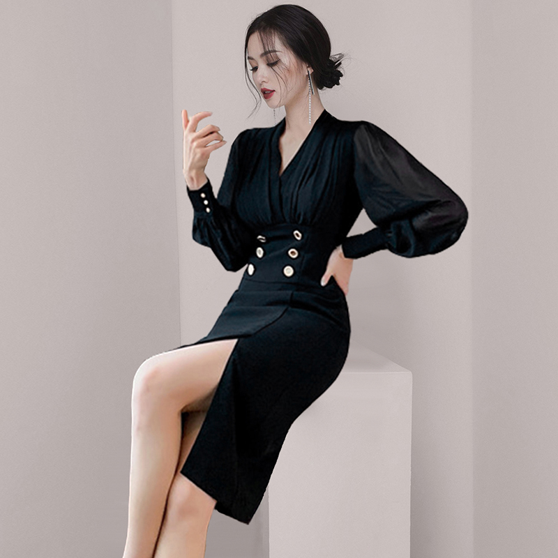Women Double Breasted Autumn Winter Sexy V Neck Slim Dresses Office Ladies Elegant Chiffon Stitching Vestido 210520