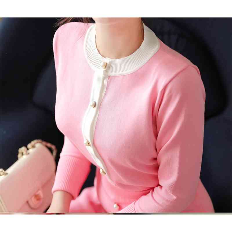 Spring Autumn Sweater Two Piece Set Fashion Women Black white Hit color Knitted Cardigan Coat+Single Breasted Midi Pencil Skirt 210519