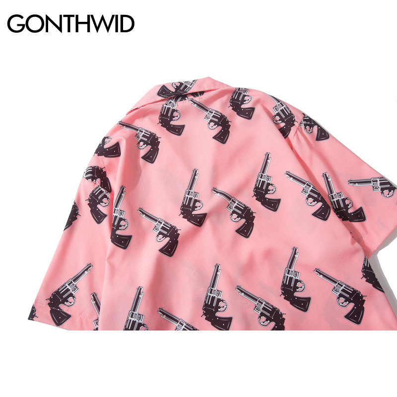 GONTHWID Pistol Gun Print Pink Beach Hawaiian Aloha Shirts Summer Mens Casual Short Sleeve Shirt Male Fashion Shirts Tops 210410