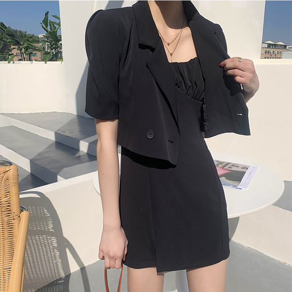 Office OL Puff Short Sleeve Blazer Coat + Sexy Ruched Sling Dress Fashion Women Two Piece Set Summer Female Outfits 210518