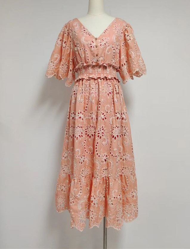 DEAT summer fashion women clothes short sleeves lace hollow out bow backless high waist pullover dress WR51707L 210428