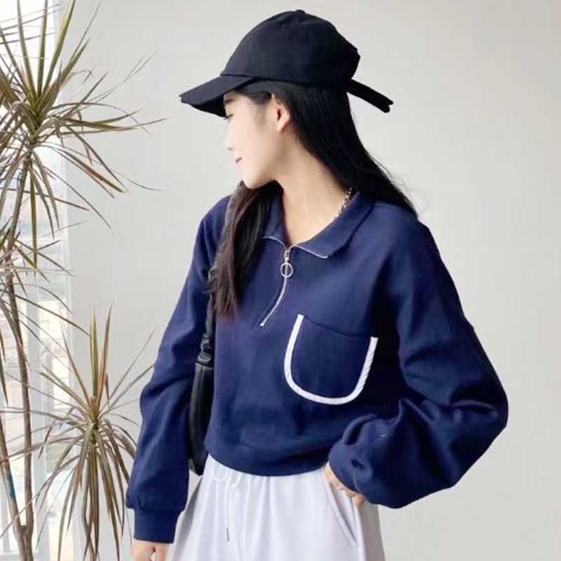 Yedinas Casual Cropped Hoodie For Women Long Sleeve Turn-down Collar Cotton Zipper Sweatshirts Crop Tops Autumn Korean 210527