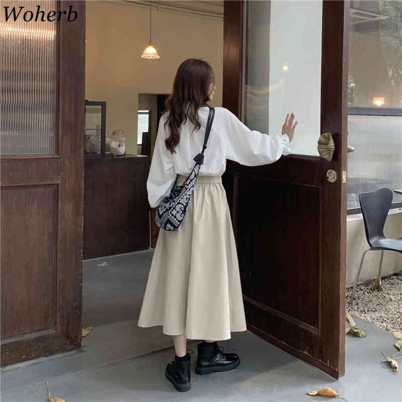 Casual Two Peices Set Elegant White Ruffle Blouse + High Waist Midi Skirts Japanese Style Women All Match Outfits 210519