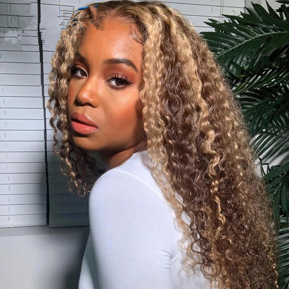 Ombre Highlight Wig Brown Honey Blonde Colored HD Whole Lace Front Human Hair Wigs curly colored 360 Frontal Wiges Remy diva1