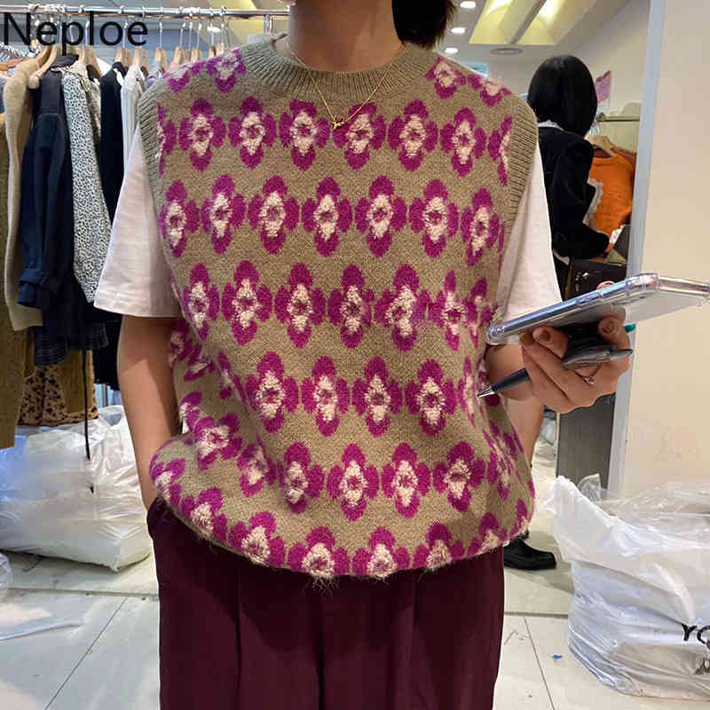 Neploe Korean Fashion Sweater Vest Ropa Mujer Vintage Floral Plaid Knitted Pullovers Tops O-neck Seeveless Loose Jumper Tank 210422