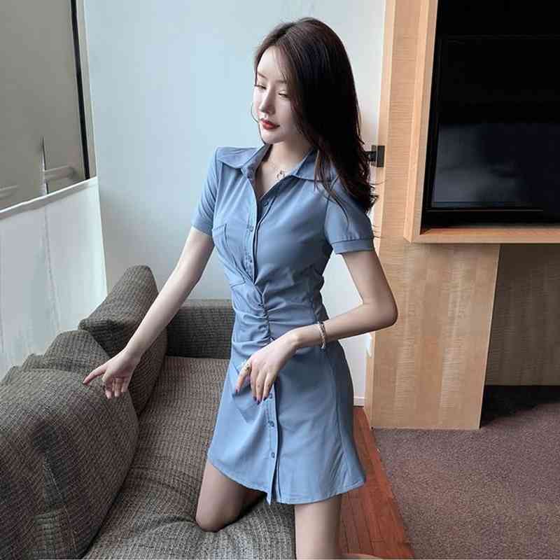 Summer Chic Folds Women Shirt Dress Korean style Short Sleeve Button Up Ladies Plus Size Turn-Down Collar Female Robe 210521