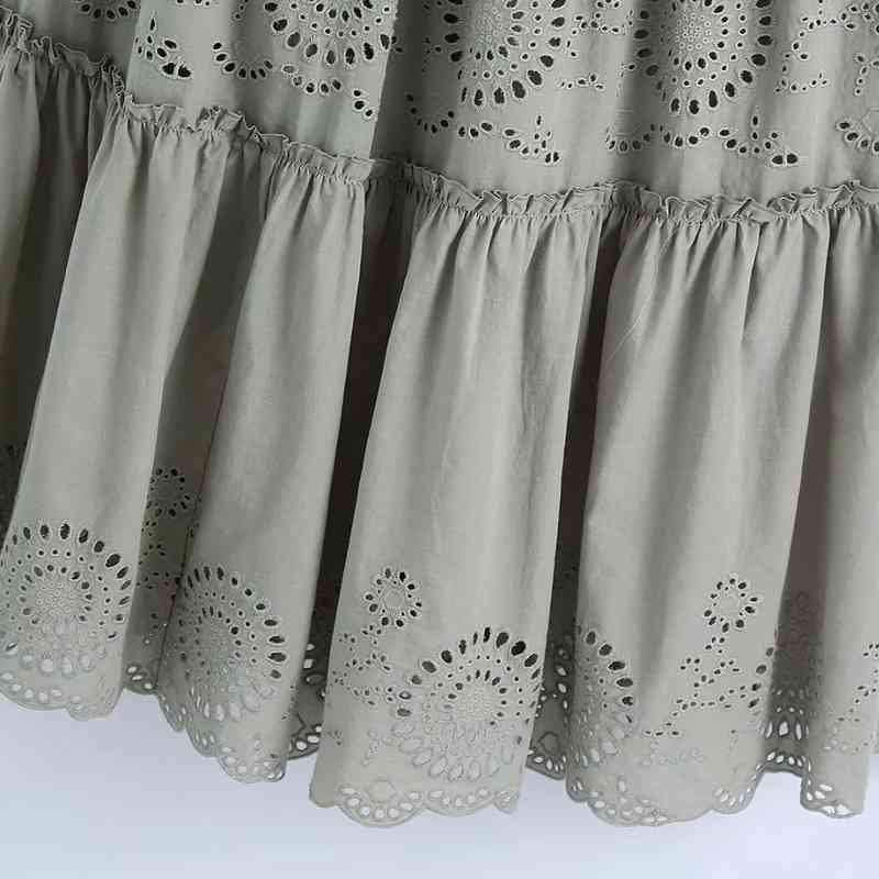 Summer Women Hollow Embroidery Tiered Ruffle Suspender Midi Dress Female Sleeveless Clothes Casual Lady Slim Vestido D7625 210430