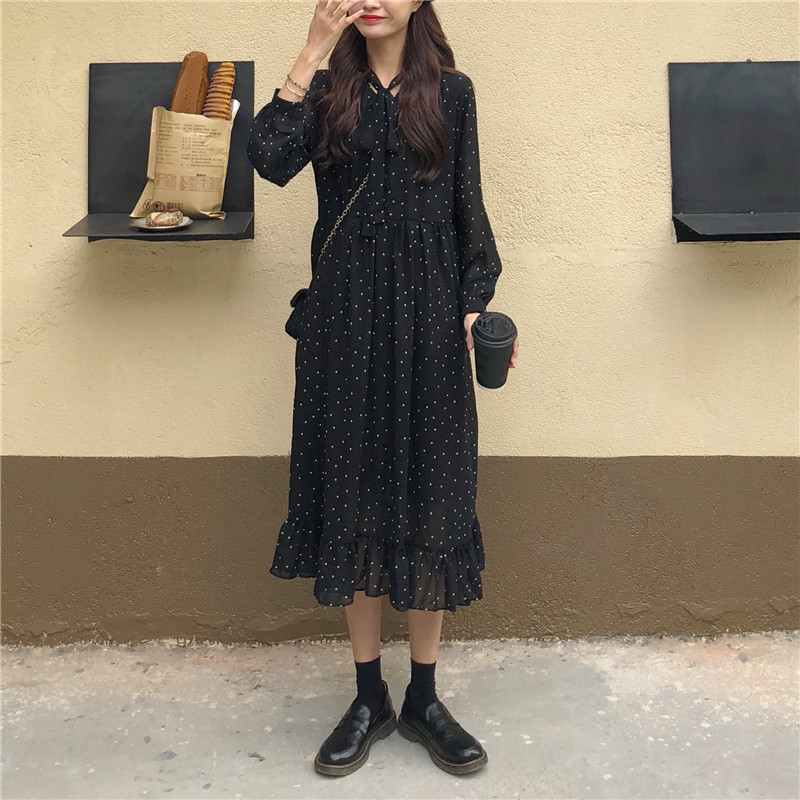 Harajuku Dress Birthday Long Women Korean style Loose Chiffon Ruffle Dot Printed Sleeve 730G 210420