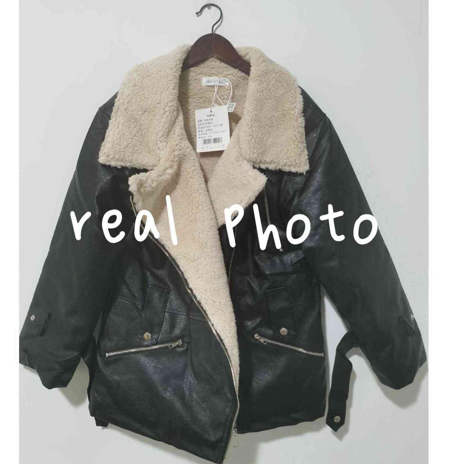 Bella Autumn Winter Temperament Turn Down Collar coats Zipper With Belt Women Loose Lamb Hair PU Fur Jacket 211130