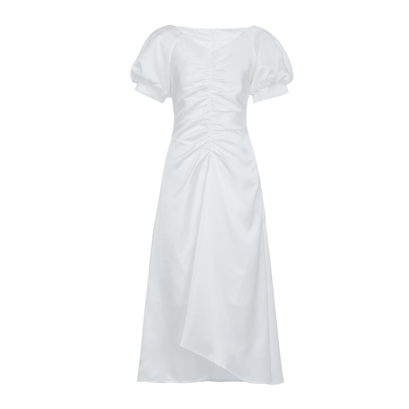 High Quality Casual Elegant Women Sexy V-neck White Dress Summer Fashion Short Sleeve French Vintage Party 210506