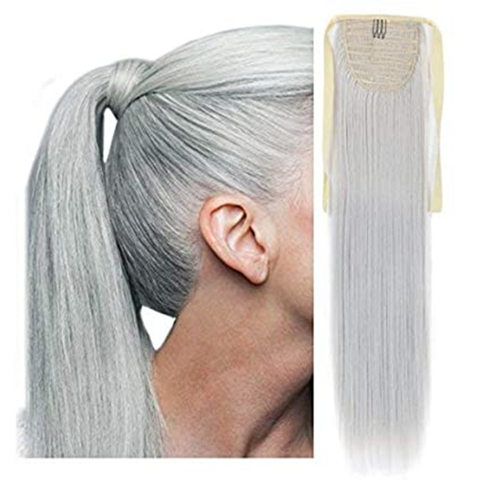 Grey human Ponytail Extension One Piece Tie Up Clip in Hair Extensions Hairpiece Binding Pony Tail for Girl Lady Woman SILVER gray