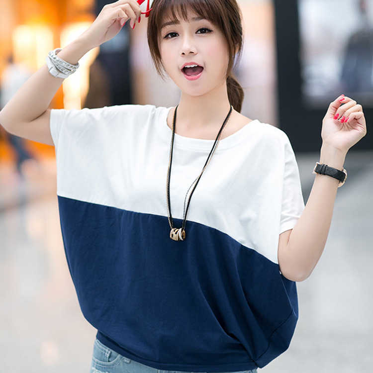 T Shirt Women 2020 Tshirt Vintage Summer Short Sleeve pactchwork color plus size cotton T-shirt Batwing Ropa Mujer WBX5849 X0628