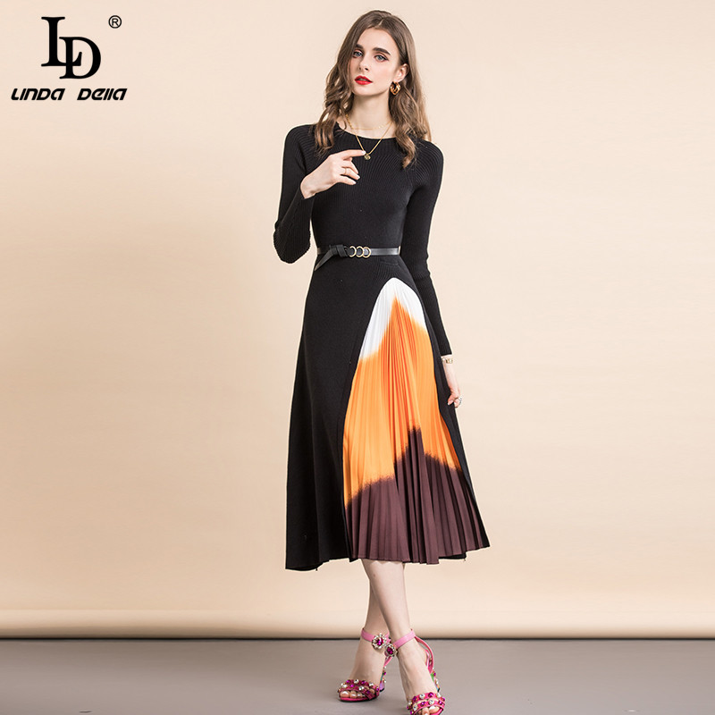 Spring Autum Fashion Runway Vintage elastic Knitted Dress Women Long Sleeve Patchwork Pleated Elegant Midi 210522
