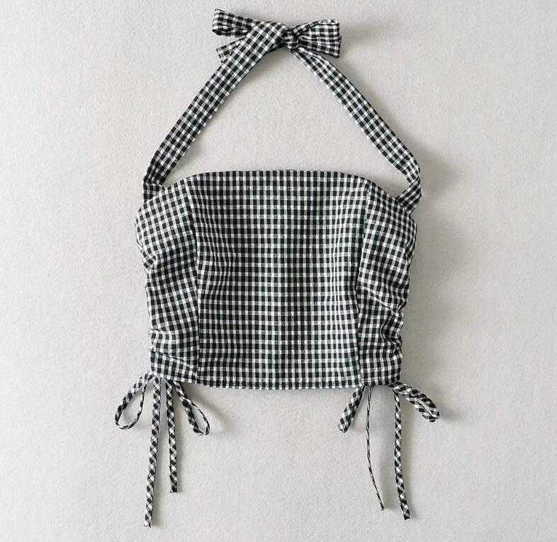 Harajuku Sexy Check Plaid Crop Tops Women Elastic Halter Slash Neck Drawstring Tops 210625
