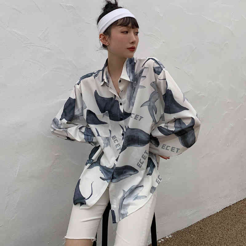 Shark Print Oversized Shirt White Long Sleeve Top Women Button Up Collar High Fashion Blouses 210427