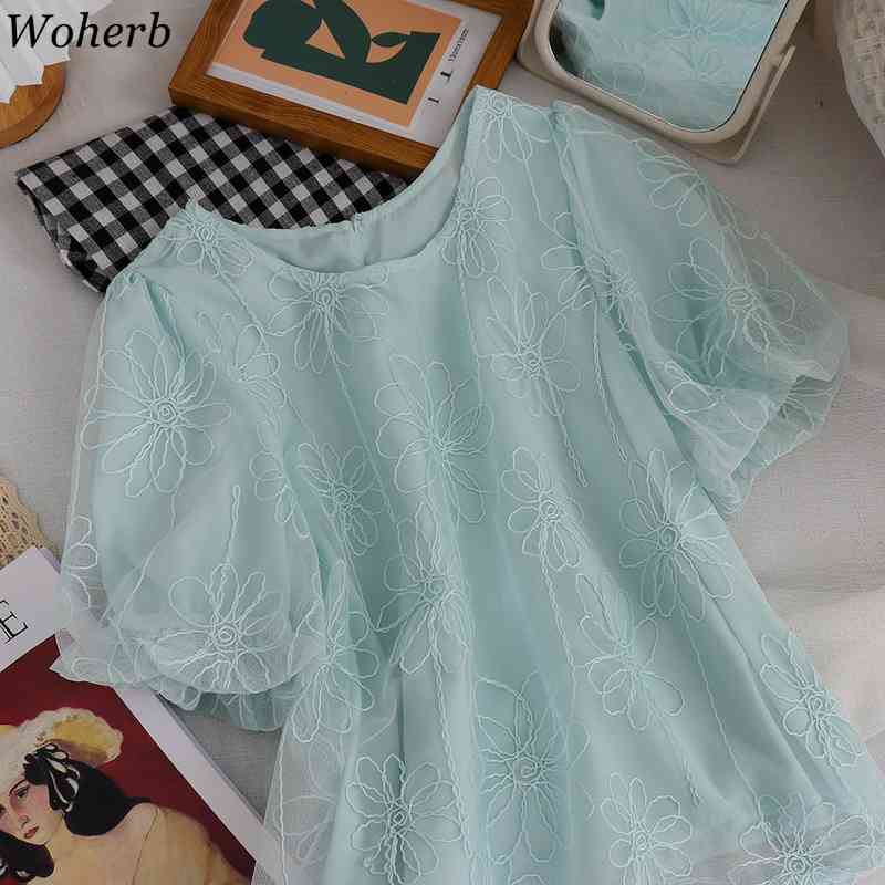 Lace Embroidery Elegant Blouse Korean Chic Sweet Short Puff Sleeve Tops Loose Streetwear Blouses Femme Summer 210519
